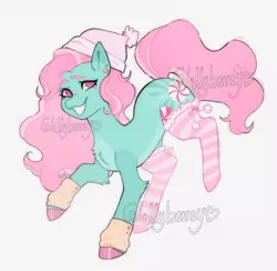 Size: 1080x1053 | Tagged: safe, artist:lellyberry33, derpibooru import, minty, earth pony, pony, alternate cutie mark, candy, clothes, colored hooves, ear piercing, earring, food, g3, green coat, hat, image, jewelry, jpeg, leg warmers, long mane, peppermint, piercing, pink eyes, pink mane, pom pom, signature, simple background, socks, solo, watermark, wavy mane, white background, winter hat, winter outfit