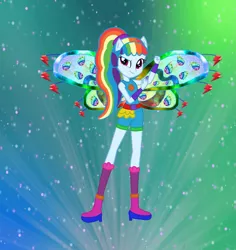 Size: 1297x1376 | Tagged: safe, artist:ketrin29, artist:user15432, derpibooru import, rainbow dash, fairy, equestria girls, alternate hairstyle, barely eqg related, base used, believix, belt, boots, clothes, colored wings, crossover, element of loyalty, fairy wings, fairyized, gradient background, gradient wings, hand on arm, high heel boots, high heels, image, looking at you, multicolored wings, png, ponied up, ponytail, rainbow wings, shoes, socks, sparkly background, sparkly wings, wings, winx, winx club, winxified