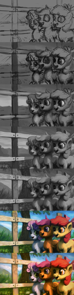 Size: 1200x4725 | Tagged: safe, artist:assasinmonkey, derpibooru import, apple bloom, scootaloo, sweetie belle, earth pony, pegasus, pony, unicorn, 2013, apple bloom's bow, blank flank, bow, cutie mark crusaders, female, fence, filly, foal, hair bow, image, old art, open mouth, png, signature, sketch, smiling, tree, wip