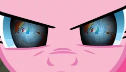Size: 665x380 | Tagged: safe, derpibooru import, screencap, pinkie pie, rainbow dash, earth pony, pegasus, pony, party of one, season 1, sonic rainboom (episode), angry, eye reflection, female, fetal position, frown, image, implied cupcakes, jpeg, mare, reflection, scared, stare, wings