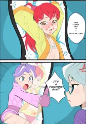 Size: 642x921 | Tagged: suggestive, artist:pugilismx, banned from derpibooru, apple bloom, diamond tiara, silver spoon, human, blushing, boxing, embarrassed, female, humanized, image, kiss mark, lipstick, lolicon, png, punching bag, sports, sports panties, underage