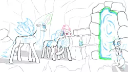 Size: 1280x720 | Tagged: safe, artist:ekholunalis, derpibooru import, queen chrysalis, tempest shadow, oc, oc:glyptria, oc:licoris, changeling, changeling queen, pony, aunt, canterlot wedding 10th anniversary, female, hive, image, levitation, magic, mare, mommy chrissy, mother and child, mother and daughter, offspring, parent:queen chrysalis, png, portal, simple background, sketch, telekinesis