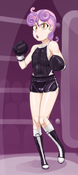 Size: 574x1280 | Tagged: safe, artist:pugilismx, sweetie belle, human, boxers, boxing, boxing gloves, clothes, humanized, image, jpeg, leotard, leotard under shorts, shirt, solo, sports, underwear