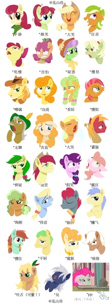 Size: 1664x4523 | Tagged: safe, artist:luansh, derpibooru import, apple bloom, apple brown betty, apple bumpkin, apple cider (character), apple cobbler, apple dumpling, apple fritter, apple leaves, apple rose, apple split, apple strudel, applejack, aunt orange, auntie applesauce, babs seed, big macintosh, braeburn, bright mac, candy apples, carrot top, emerald green, gala appleby, golden delicious, golden harvest, granny smith, green gem, mosely orange, pear butter, pinkie pie, red delicious, sugar belle, uncle orange, oc, earth pony, pony, unicorn, apple family, apple family member, chinese text, female, filly, foal, image, jpeg, male, mare, moon runes, safeartist:luansh, stallion, young granny smith, younger