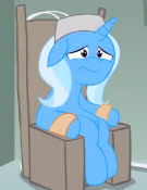 Size: 135x175 | Tagged: safe, artist:mrponiator, trixie, pony, unicorn, chair, electric chair, female, floppy ears, frown, horn, image, jpeg, mare, prison, sad, scared, sitting