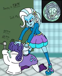 Size: 2537x3119 | Tagged: suggestive, artist:pariahexilewrath, derpibooru import, rarity, trixie, equestria girls, abuse, bathroom, bully, bullying, commission, embarrassed, humiliation, image, png, raribuse, swirls, toilet