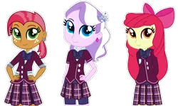 Size: 1920x1146 | Tagged: safe, artist:yaya54320, derpibooru import, apple bloom, babs seed, diamond tiara, equestria girls, apple bloom's bow, blue eyes, bow, clothes, crystal prep academy, crystal prep academy uniform, crystal prep shadowbolts, ear piercing, earring, female, green eyes, hair bow, hand on hip, hands behind back, image, jacket, jewelry, long sleeves, orange eyes, piercing, pink hair, pink skin, png, red hair, rolled up sleeves, school uniform, shirt, short sleeves, shorts, shorts under skirt, simple background, skirt, smiling, transparent background, trio, trio female, trio focus, yellow skin