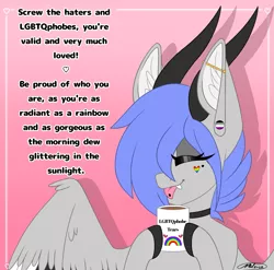 Size: 1367x1349 | Tagged: safe, artist:melodytheartpony, derpibooru import, oc, oc:melody silver, dracony, dragon, hybrid, :p, asexual, asexual artist, choker, fangs, female, happy, horns, image, lgbtq, mug, piercing, png, pride, pride art, pride month, rainbow, signature, smiling, text, tongue out