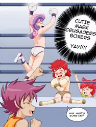 Size: 960x1280 | Tagged: suggestive, artist:pugilismx, banned from derpibooru, apple bloom, scootaloo, sweetie belle, twist, blushing, boxing, boxing gloves, clothes, cutie mark crusaders, female, image, jpeg, lolicon, partial nudity, speech bubble, sports, sports panties, topless, underage