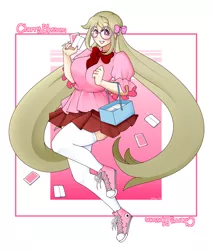 Size: 2000x2361 | Tagged: safe, artist:fullmetalpikmin, derpibooru import, oc, oc:cherry blossom, human, barely pony related, blushing, bow, clothes, converse, glasses, hair bow, humanized, humanized oc, image, pigtails, png, shoes, skirt, socks, thigh highs, tissue, twintails