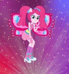 Size: 1296x1376 | Tagged: safe, artist:ketrin29, artist:user15432, derpibooru import, pinkie pie, fairy, human, equestria girls, alternate hairstyle, barely eqg related, base used, believix, boots, bow, clothes, crossover, element of laughter, fairy wings, fairyized, fingerless gloves, gloves, gradient background, hair bow, high heel boots, high heels, image, looking at you, pigtails, pink wings, png, ponied up, shoes, smiling, socks, sparkly background, sparkly wings, wings, winx, winx club, winxified