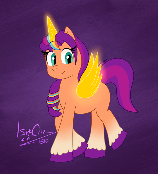 Size: 1128x1242 | Tagged: safe, artist:ismazhecat, derpibooru import, sunny starscout, alicorn, pony, my little pony: a new generation, g5, horn, image, looking at you, png, race swap, smiling, spread wings, sunnycorn, walking, wings