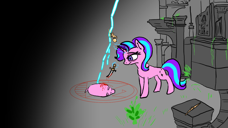 Size: 1330x750 | Tagged: semi-grimdark, artist:slamjam, derpibooru import, starlight glimmer, pig, blood, image, jpeg, knife, lightning, magic, magic circle, ruins, sacrifice, summoning circle