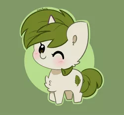 Size: 3224x2974 | Tagged: safe, artist:kittyrosie, derpibooru import, oc, pony, unicorn, abstract background, cheek fluff, chest fluff, chibi, cute, horn, image, jpeg, ocbetes, one eye closed, simple background, unicorn oc, wink