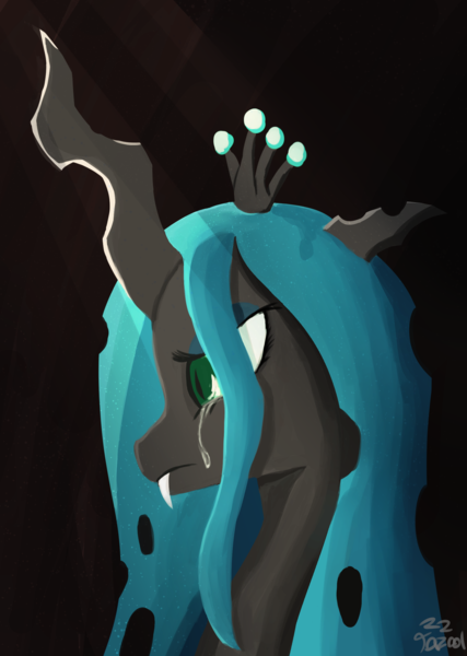 Size: 1800x2530 | Tagged: safe, artist:tazool, derpibooru import, queen chrysalis, changeling, bust, canterlot wedding 10th anniversary, female, image, light, looking down, png, portrait, sad, solo