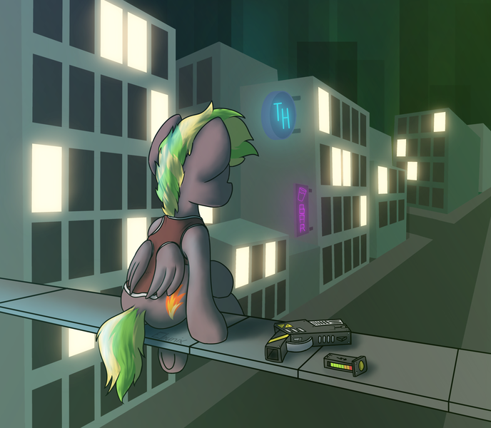 Size: 1920x1675 | Tagged: safe, artist:ebunix, derpibooru import, oc, oc:lightflare, pegasus, city, cityscape, energy weapon, facing away, futuristic, gun, image, neon, neon sign, night, pegasus oc, png, solo, street, weapon, wings