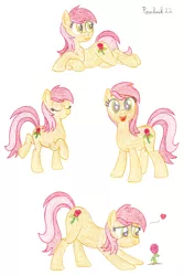 Size: 1280x1920 | Tagged: safe, artist:roseluck, derpibooru import, roseluck, earth pony, pony, colored pencil drawing, crossed hooves, female, flower, full body, heart, image, looking at something, looking at you, lying down, mare, png, rose, simple background, smiling, smiling at you, solo, standing, traditional art, white background