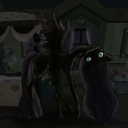 Size: 480x480 | Tagged: grimdark, derpibooru import, fluttershy, pegasus, pony, fanfic:let her in, bedroom, female, image, jpeg, mare, night, nightmare fuel, smiling, spread wings, window, wings