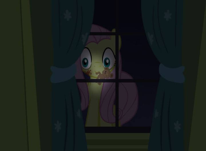 Size: 720x528 | Tagged: grimdark, derpibooru import, fluttershy, pegasus, pony, fanfic:let her in, blood, female, image, jpeg, mare, mouth hold, night, plushie, teddy bear, toy, window