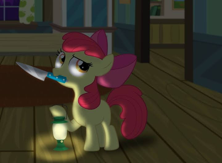 Size: 720x528 | Tagged: safe, derpibooru import, apple bloom, earth pony, pony, bow, female, filly, foal, hair bow, image, jpeg, knife, mare, mouth hold, night, oil lamp