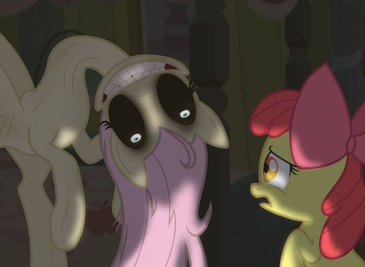 Size: 720x528 | Tagged: grimdark, derpibooru import, apple bloom, fluttershy, earth pony, pegasus, pony, fanfic:let her in, bed, bedroom, blanket, bow, female, filly, flying, foal, hair bow, image, jpeg, mare, night, scared, smiling, spread wings, wings