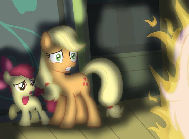 Size: 720x528 | Tagged: grimdark, derpibooru import, apple bloom, applejack, fluttershy, earth pony, pegasus, pony, fanfic:let her in, abuse, bow, female, filly, fire, flutterbuse, foal, hair bow, image, jpeg, mare, missing accessory, night, scared, window