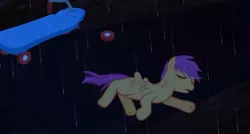 Size: 1280x687 | Tagged: safe, artist:kdanielss, derpibooru import, scootaloo, abuse, eyes closed, image, jpeg, lying down, night, passed out, rain, scootabuse, scooter, youtube link