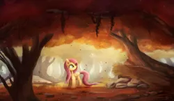 Size: 1800x1042 | Tagged: safe, artist:ajvl, derpibooru import, fluttershy, pegasus, pony, autumn, female, forest, image, jpeg, leaves, mare, scenery, solo, tree