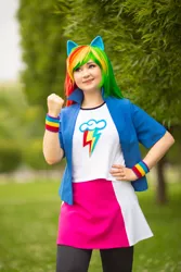 Size: 1280x1920 | Tagged: safe, artist:seabeersky, derpibooru import, rainbow dash, human, equestria girls, clothes, cosplay, costume, hand on hip, image, irl, irl human, jpeg, multicolored hair, photo, rainbow hair, solo