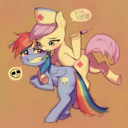 Size: 3194x3194 | Tagged: safe, artist:aruurara, derpibooru import, nurse redheart, rainbow dash, earth pony, pegasus, pony, blushing, butt, crying, cute, dashabetes, female, gritted teeth, high res, hoof hold, hug, image, injection, mare, needle, nurse, open mouth, pictogram, plot, png, scared, shaking, shivering, skull, syringe, teary eyes, teeth, trypanophobia, underhoof, vaccination