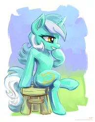 Size: 1400x1800 | Tagged: safe, artist:kp-shadowsquirrel, derpibooru import, lyra heartstrings, pony, unicorn, chair, female, grin, horn, image, jpeg, mare, sitting, smiling, solo, stool