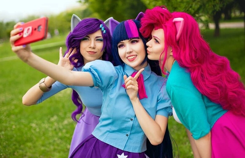 Size: 1080x699 | Tagged: safe, artist:krutaiamaria, derpibooru import, pinkie pie, rarity, twilight sparkle, human, equestria girls, clothes, cosplay, costume, image, irl, irl human, jpeg, photo, selfie, trio