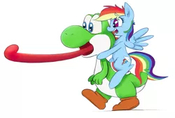 Size: 1161x782 | Tagged: safe, artist:firenhooves, derpibooru import, rainbow dash, pony, yoshi, crossover, cute, image, long tongue, nintendo, open mouth, png, rainbow dash riding yoshi, riding, simple background, super mario bros., tongue out, video game, white background