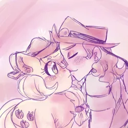 Size: 1000x1000 | Tagged: safe, artist:mimiporcellini, derpibooru import, applejack, earth pony, human, colored sketch, crossover, crossover shipping, eyes closed, hol horse, holjack, image, interspecies, jojo's bizarre adventure, kissing, png, shipping