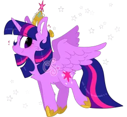 Size: 2700x2480 | Tagged: safe, artist:computershits, derpibooru import, twilight sparkle, twilight sparkle (alicorn), alicorn, big crown thingy, chest fluff, ear fluff, element of magic, hoof shoes, image, jewelry, looking back, nervous, png, raised hoof, regalia, simple background, solo, spread wings, stars, sweat, sweatdrop, transparent background, watermark, wings