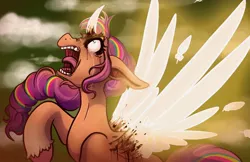 Size: 1224x792 | Tagged: grimdark, artist:distoreddreams, derpibooru import, sunny starscout, alicorn, pony, my little pony: a new generation, spoiler:my little pony: a new generation, alicornified, artificial horn, artificial wings, augmented, blood, body horror, cloud, colored hooves, crying, feather, female, g5, horn, image, jpeg, magic, magic horn, magic wings, mare, pain, race swap, rainbow power, rainbow power-ified, screaming, simple background, wings
