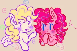 Size: 754x503 | Tagged: safe, artist:computershits, derpibooru import, pinkie pie, surprise, earth pony, pegasus, pony, ..., alternate design, beige background, blushing, bow, bust, chest fluff, confused, crossed arms, ear fluff, exclamation point, female, fluffy mane, freckles, hair bow, hoof heart, image, looking at each other, looking at someone, pigtails, png, question mark, raised hoof, self paradox, self ponidox, simple background, spread wings, swirls, thinking, wingding eyes, wings