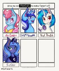 Size: 1715x2048 | Tagged: safe, artist:mscolorsplash, derpibooru import, cup cake, minuette, princess luna, vinyl scratch, alicorn, earth pony, pony, unicorn, six fanarts, apron, clothes, female, glasses off, image, jpeg, mare, s1 luna, smiling