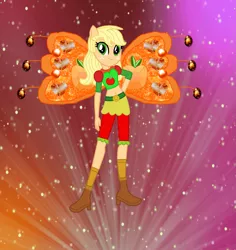 Size: 1297x1376 | Tagged: safe, artist:ketrin29, artist:user15432, derpibooru import, applejack, fairy, human, equestria girls, alternate hairstyle, barely eqg related, base used, believix, belly button, boots, clothes, cowboy boots, crossover, element of honesty, fairy wings, fairyized, gradient background, hand on hip, high heel boots, high heels, image, looking at you, orange wings, png, ponied up, shoes, socks, sparkly background, sparkly wings, wings, winx, winx club, winxified