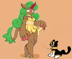 Size: 1280x1051 | Tagged: safe, artist:wallswallswalls, ponerpics import, ponybooru import, oc, oc:stillwater, unofficial characters only, anthro, cat, kirin, unguligrade anthro, ambiguous gender, breasts, clothes, collar, disproportional anatomy, dress, female, floppy ears, image, jpeg, leash, small breasts, tiny hooves, yaoi hands