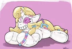 Size: 1280x874 | Tagged: suggestive, artist:wallswallswalls, ponerpics import, ponybooru import, oc, unofficial characters only, inflatable pony, pony, pooltoy pony, unicorn, bean mouth, female, floppy ears, grin, handles, image, implied transformation, inflatable, jpeg, mare, pool toy, seams, smiling, swirly eyes