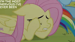 Size: 1280x720 | Tagged: safe, derpibooru import, edit, edited screencap, editor:quoterific, screencap, fluttershy, rainbow dash, pegasus, pony, 2 4 6 greaaat, season 9, spoiler:s09, eyes closed, female, image, jpeg, mare, offscreen character, solo focus, text