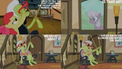 Size: 1280x720 | Tagged: safe, derpibooru import, edit, edited screencap, editor:quoterific, screencap, apple bloom, cheerilee, granny smith, earth pony, pony, family appreciation day, season 2, apple bloom's bow, bow, eyes closed, female, filly, foal, glasses, hair bow, image, jpeg, mare, open mouth, sleeveless, spread wings, text, trio, wings