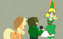 Size: 720x447 | Tagged: safe, artist:darlycatmake, derpibooru import, applejack, earth pony, human, pony, bondage, cloth gag, crossover, edd gould (eddsworld), eddsworld, gag, hat, help, help me, hennin, image, jpeg, penny, penny gadget, princess, rescue, rope, rope bondage, ropes, sad, tied up, worried