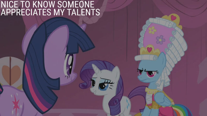 Size: 1280x720 | Tagged: safe, derpibooru import, edit, edited screencap, editor:quoterific, screencap, rainbow dash, rarity, twilight sparkle, pegasus, pony, unicorn, season 1, swarm of the century, carousel boutique, clothes, dress, female, image, jpeg, mare, text, trio, unicorn twilight