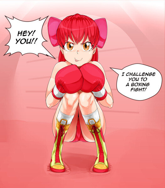 Size: 904x1031 | Tagged: safe, artist:pugilismx, apple bloom, human, boxing gloves, humanized, image, jpeg, looking at you, solo, speech bubble, squatting