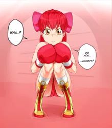 Size: 904x1031 | Tagged: safe, artist:pugilismx, apple bloom, human, boxing gloves, humanized, image, jpeg, looking at you, solo, speech bubble, squatting