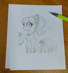 Size: 2812x3038 | Tagged: safe, artist:twiliset, derpibooru import, posey (g5), butterfly, earth pony, insect, pony, g5, grass, image, jpeg, looking at you, simple background, smiling, smiling at you, solo, traditional art