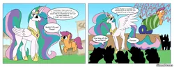 Size: 3248x1264 | Tagged: safe, artist:stonedraws, derpibooru import, princess celestia, alicorn, pegasus, pony, cannon, comic, crowd, cute, excited, hopping, image, png, pony cannonball, pure unfiltered evil, screaming, to the moon, trollestia