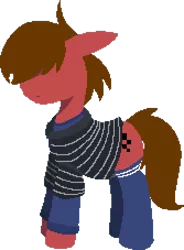 Size: 1503x2043 | Tagged: safe, artist:darksoma, derpibooru import, oc, earth pony, clothes, covered eyes, expression, image, png, ponysona, recreation, shirt, simple background, socks, solo, striped shirt, thigh highs, transparent background